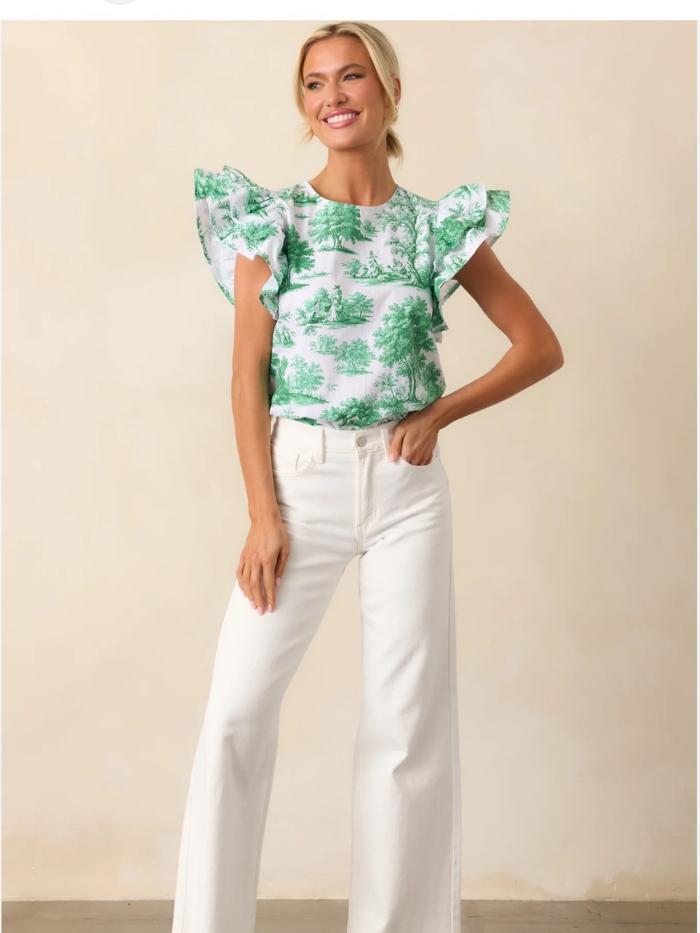 Prosperina Avery Green Toille Ruffle Sleeve Top
